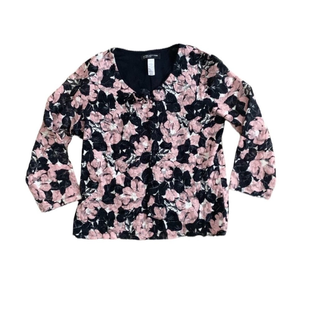 Jones New York | Black Pink Lace Three Quarter Sleeve Top Floral Print L